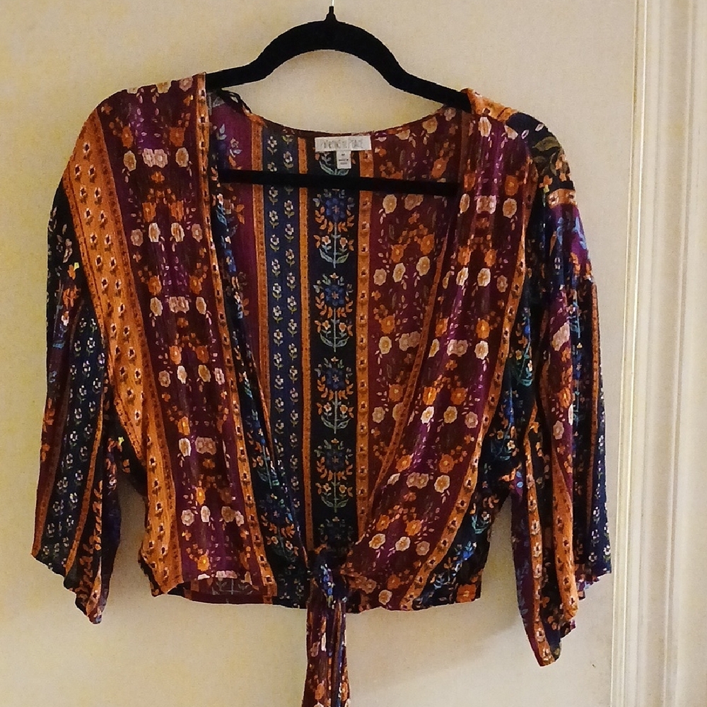 Patrons of Peace Floral Stripe Tie-Front Blouse in Beautiful Vibrant Colors